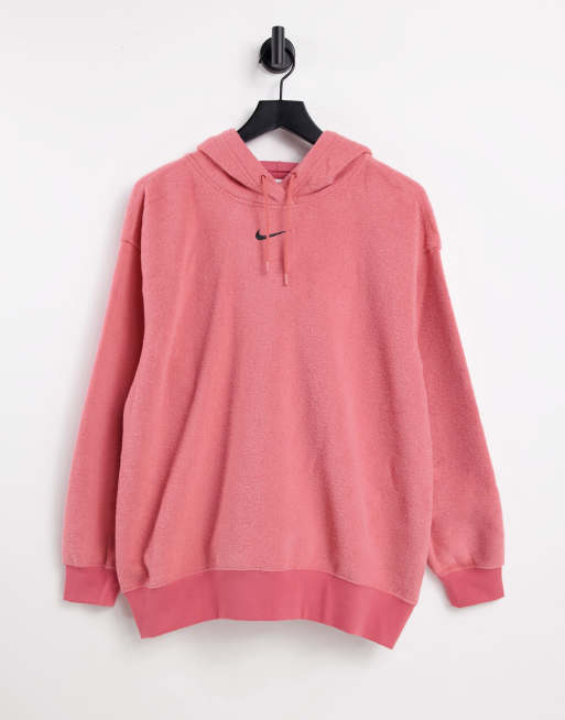Nike – Różowa pluszowa bluza oversize z kapturem i małym logo Swoosh