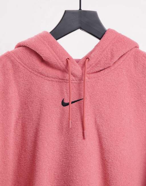 Nike – Różowa pluszowa bluza oversize z kapturem i małym logo Swoosh, 4 z 4