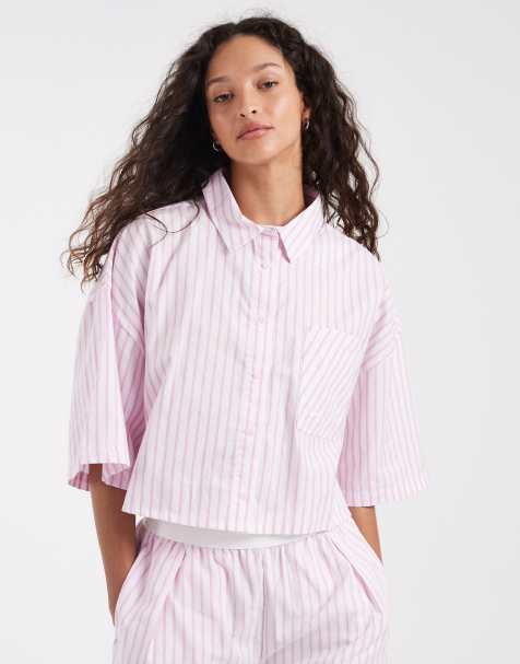 Nike – Różowo-biała krótka koszula popelinowa w paski - view 1