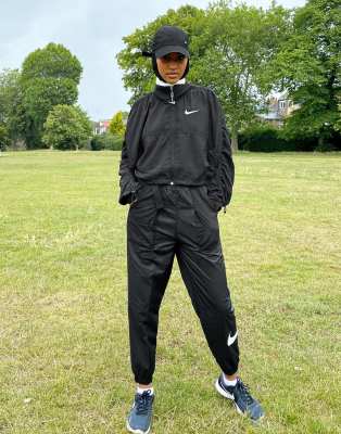 nike ruched sleeve swoosh zip jacket in black