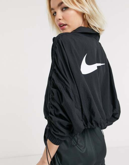 Nike ruched sleeve swoosh zip jacket in black new arrivals