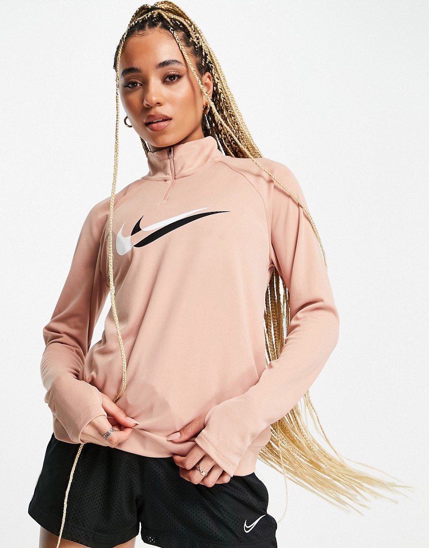 Nike Running Dri-FIT Swoosh half-zip midlayer top in pale pink