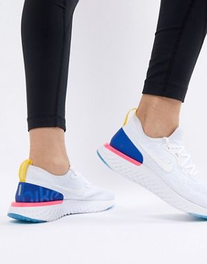 Nike Running Epic React Sneakers Flyknit In White And Blue