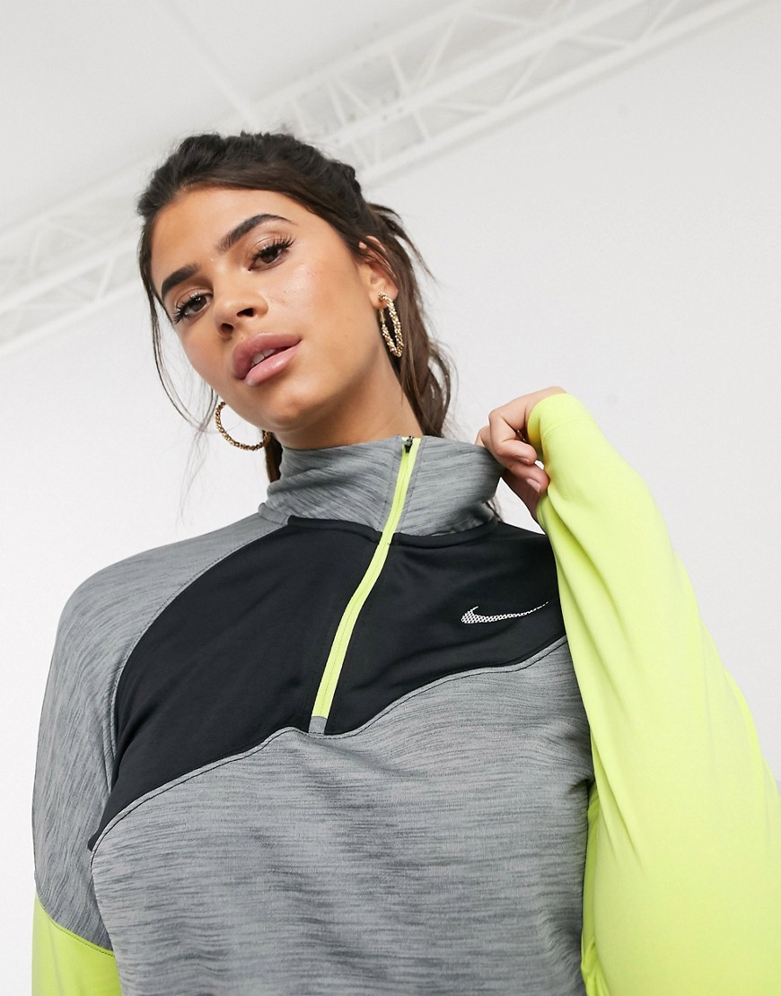 Nike Running – Grått och limegrönt mellanlager med halvlång dragkedja-Flerfärgad