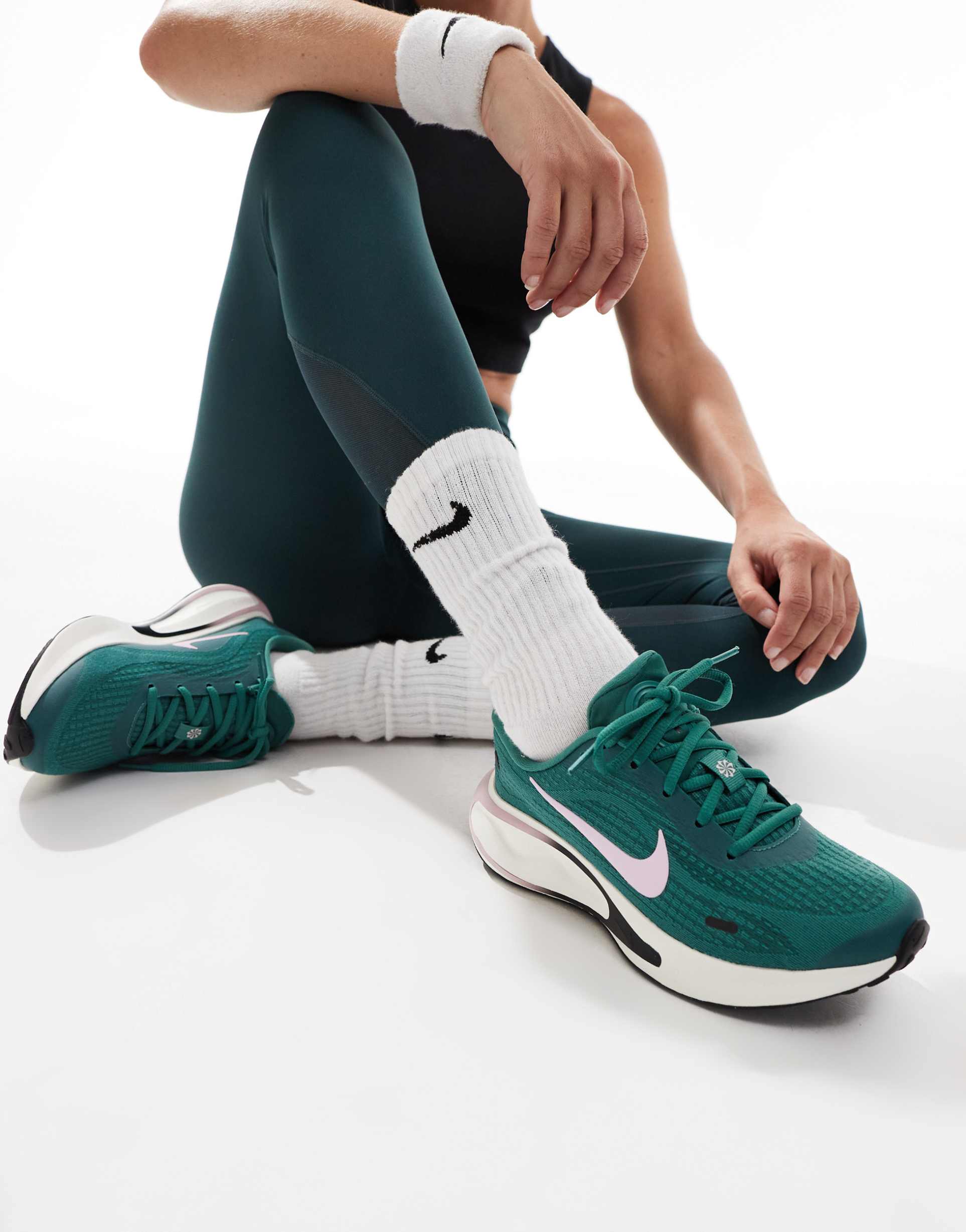 nike running journey run sneakers in green and pink
