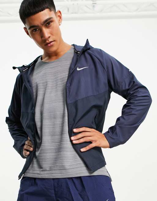 Nike Running Miler full zip colourblock jacket in dark blue | ASOS