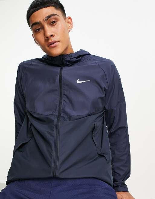 Nike Running Miler full zip colourblock jacket in dark blue ASOS