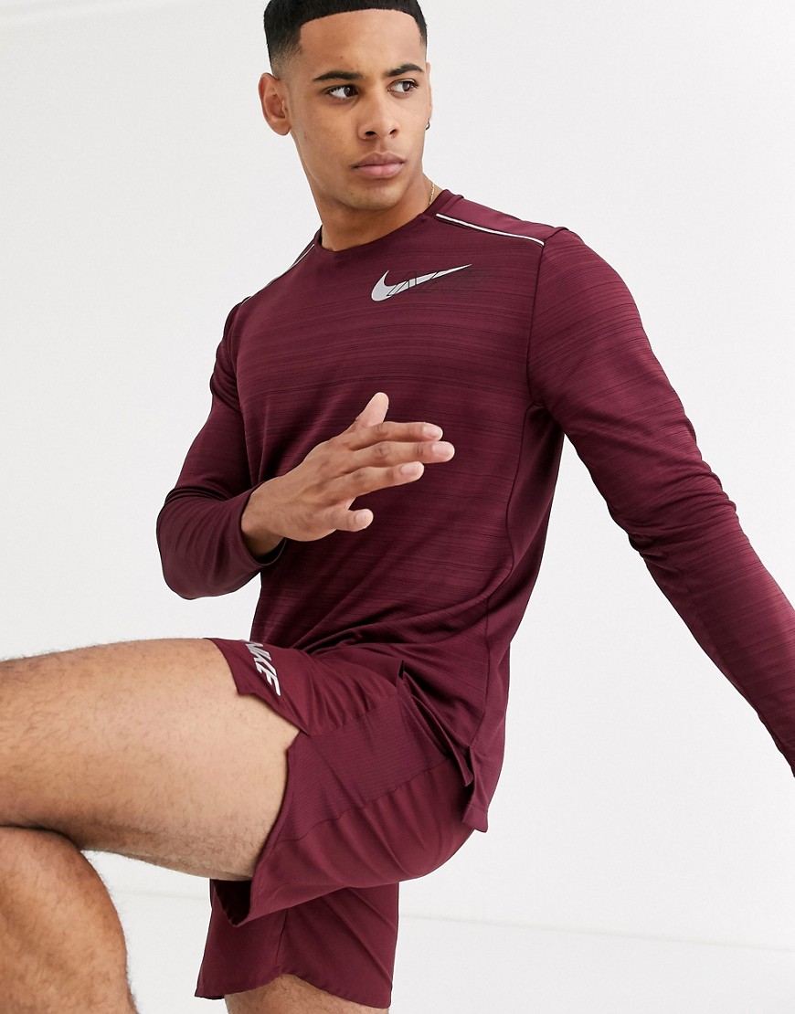 Nike Running Miler long sleeve in burgundy with chest print-Red