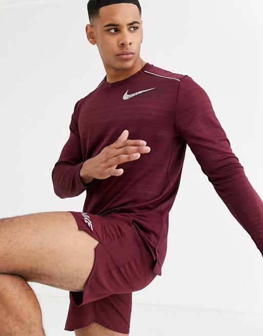 Nike Running Miler long sleeve in burgundy with chest print