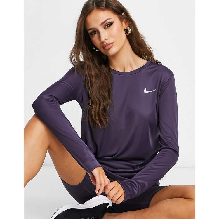 Nike Women Top Medium Black Scoop Purple T-Shirt Long Sleeve Pullover  Sportswear