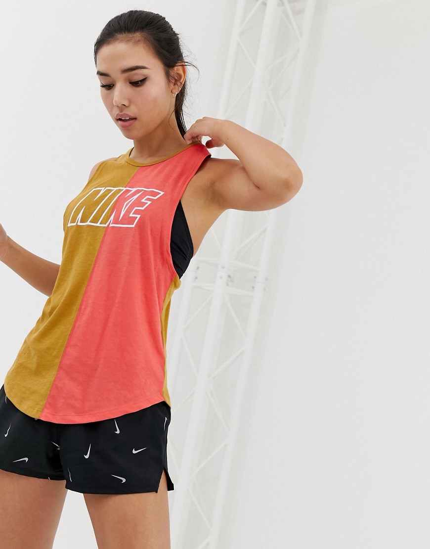 Nike Running – Miler – Träningslinne med guldfärgade och rosa färgblock