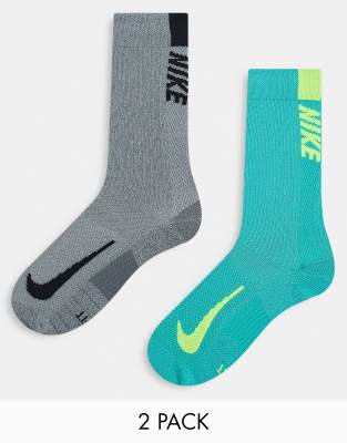 Nike Running Multipler 2 pack crew socks in grey and blue