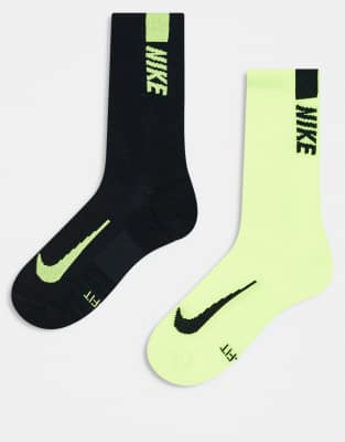 Nike Running Multiplier 2-pack Crew Socks In Black And Lime