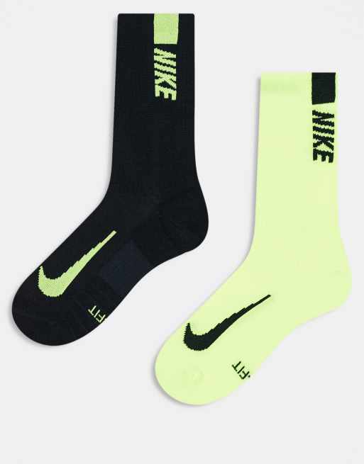 Nike Running Multiplier 2 pack crew socks in black and lime