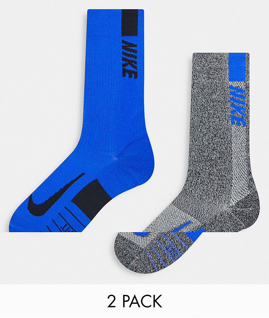 Nike Running Multiplier 2 pack crew socks in grey and blue