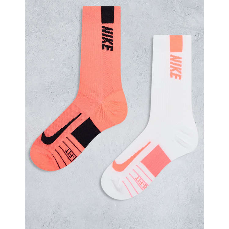 Nike Running Multiplier 2 pack crew socks in pink and white