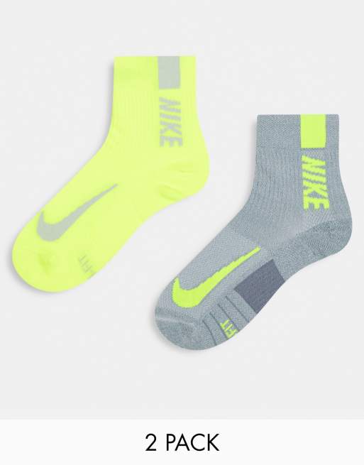 Nike Running - Multiplier - Lot de 2 paires de chaussettes courtes unisexes - Gris et volt