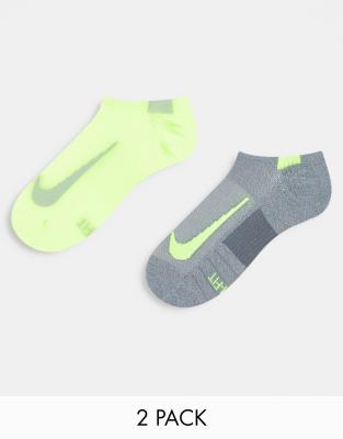 Nike Running Nike Running Multiplier unisex 2 pack trainer socks in grey and volt