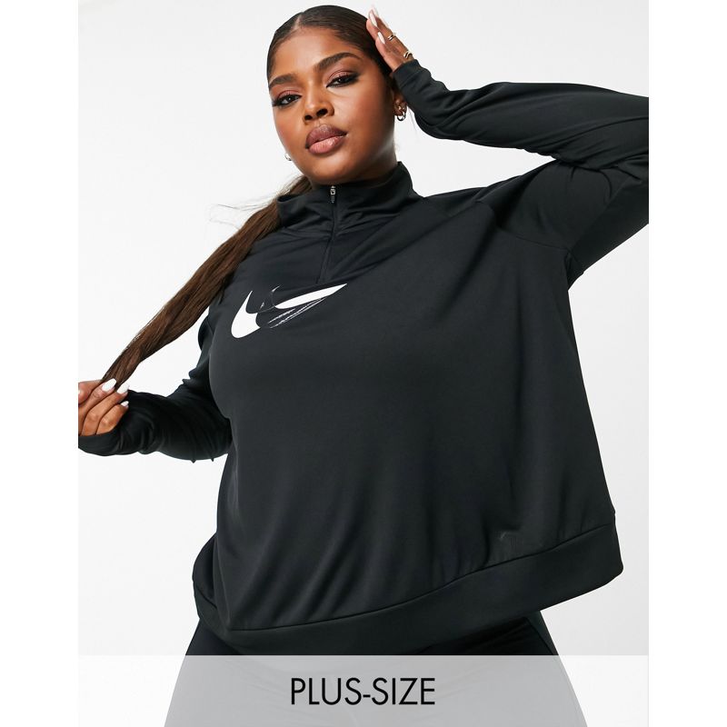 9z2Pi Donna Nike Running Plus - Top mid layer nero con zip corta e logo Nike