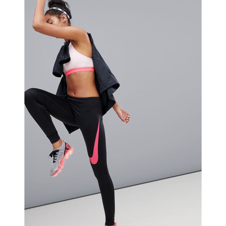 Nike Running Power Essential Dri-Fit Leggings In Black With Pink