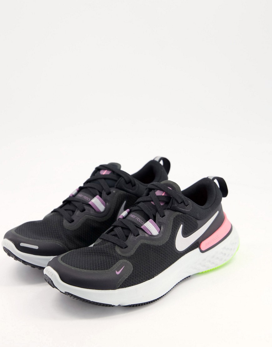 Nike Running React Miler sneakers in black and pink