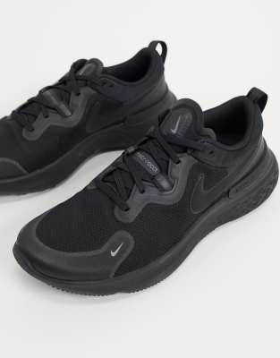 nike running react miler trainers in triple black