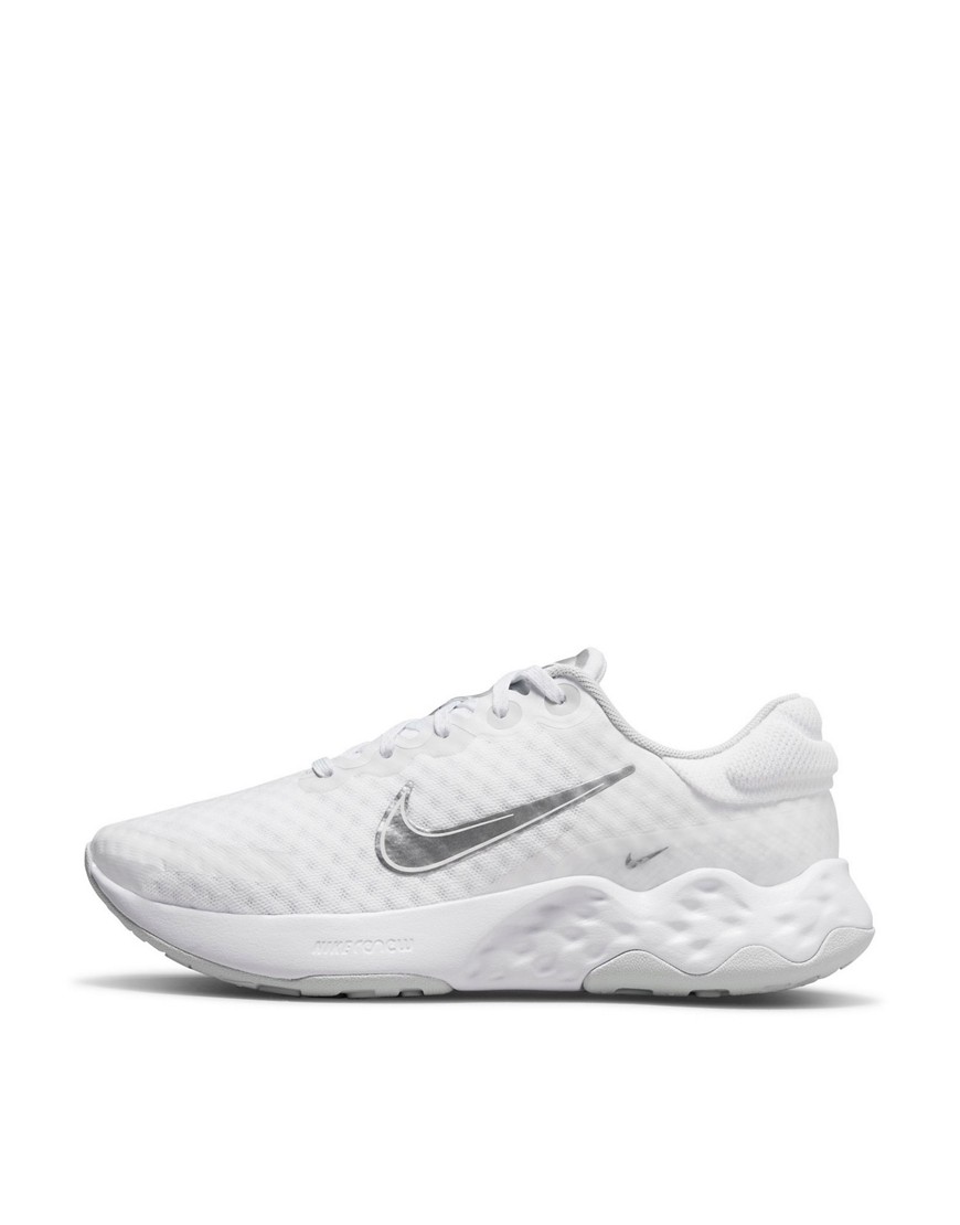 Nike Running Renew Ride 3 sneakers in white/metallic silver