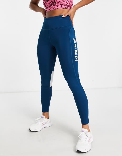 Nike Running – Run Fast Dri-FIT – Niebieskie legginsy o długości 7/8 ze średnim stanem i uczelnianym logo Swoosh