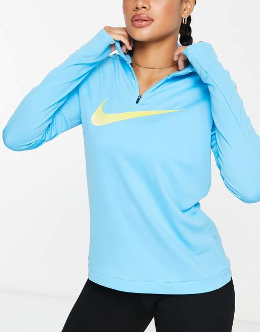 Nike Running Swoosh logo half zip long sleeve top in blue ASOS