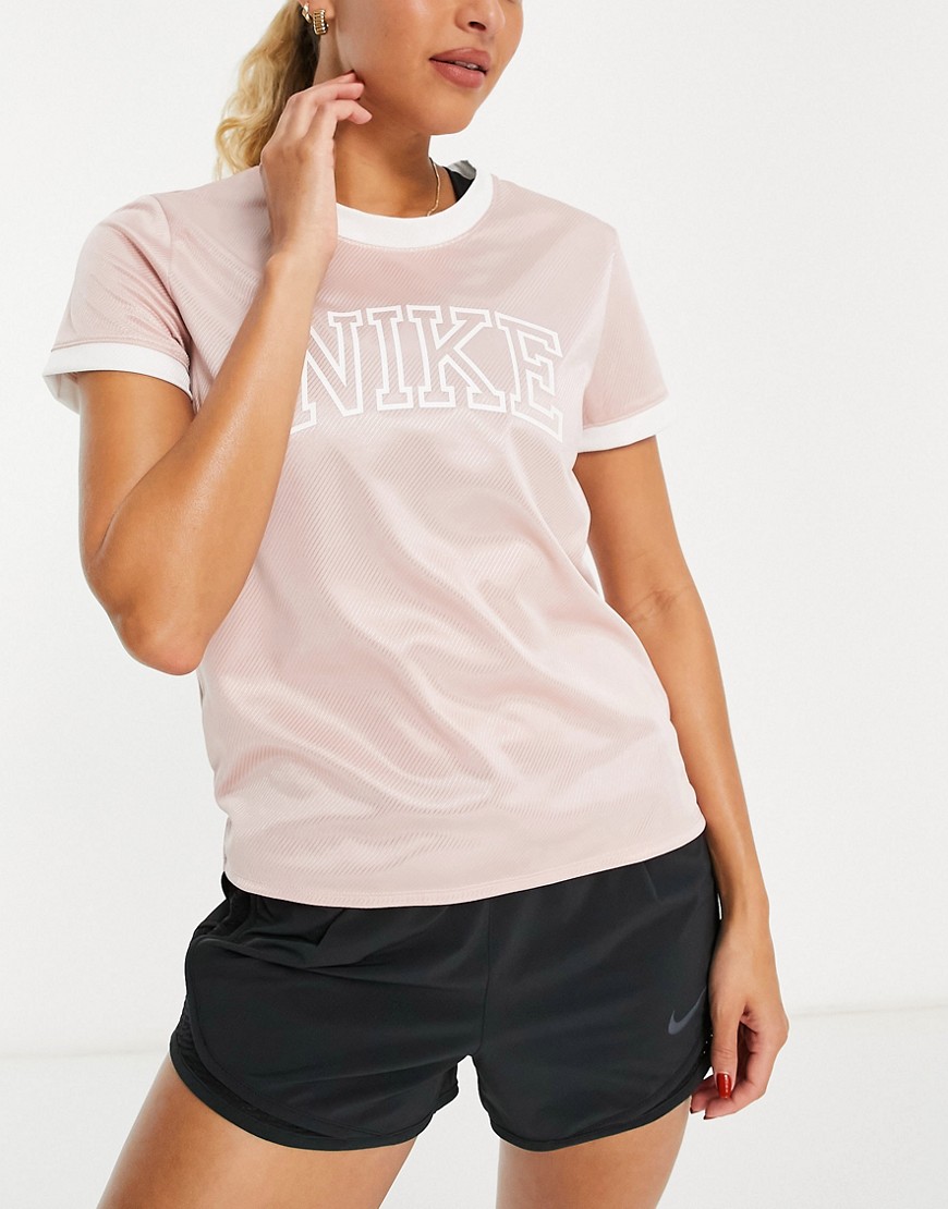 Nike Running Swoosh Run Dri-FIT collegiate logo t-shirt in pale pink