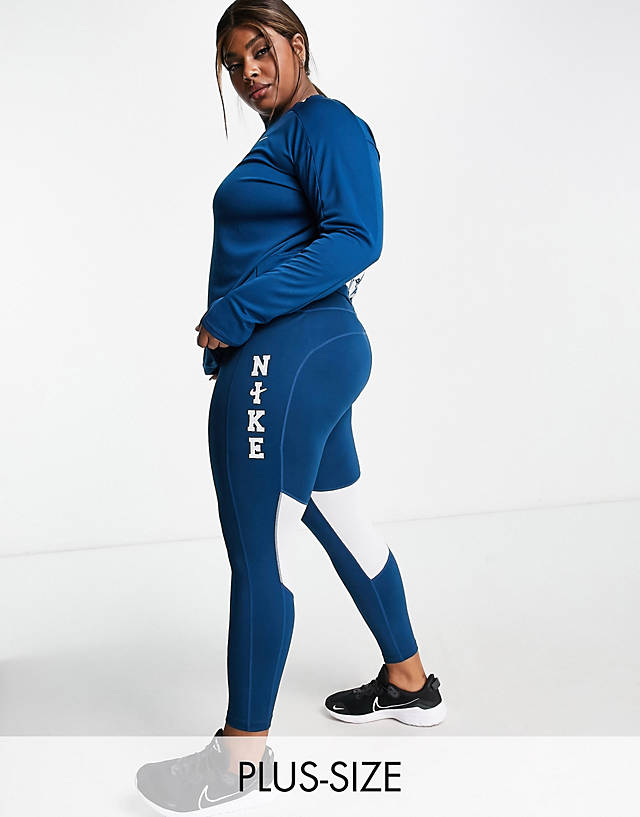 Nike Running - swoosh run plus fast dri-fit collegiate logo midrise 7/8 leggings in teal blue