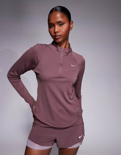 Nike Running - Tempo Dri-FIT - Top a maniche lunghe marrone con zip corta - view 1