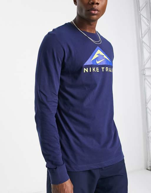 Nike Running Trail Dri Fit graphic long sleeve t shirt in navy