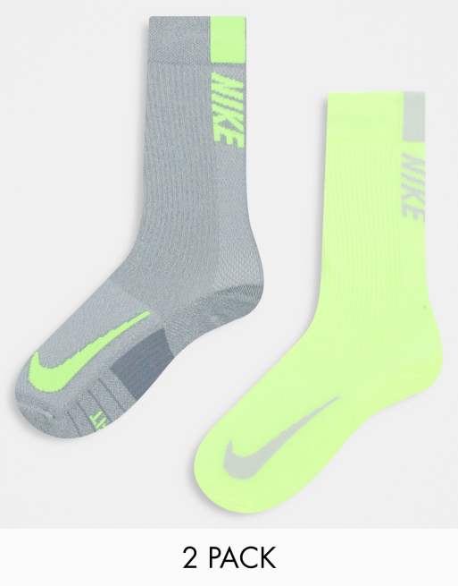 Nike Running Unisex – Multiplier – Zestaw 2 par skarpetek w kolorach szarym i neonowożółtym