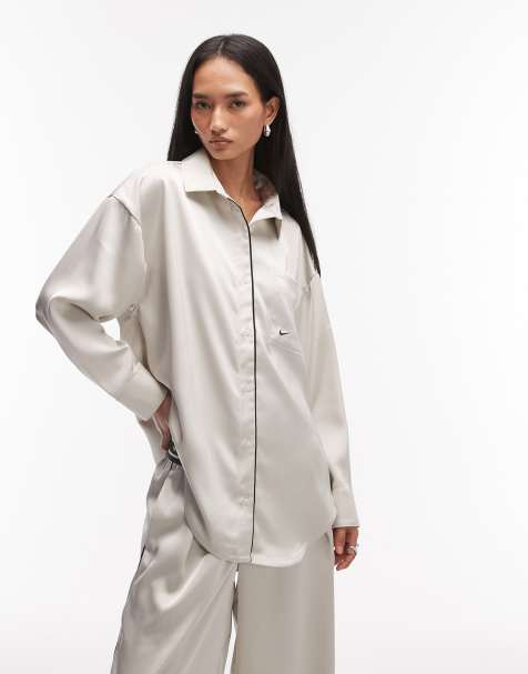 Nike satin long sleeve shirt in off white - view 1