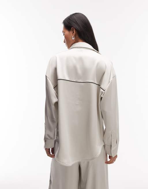 Nike satin long sleeve shirt in off white, 2 of 4