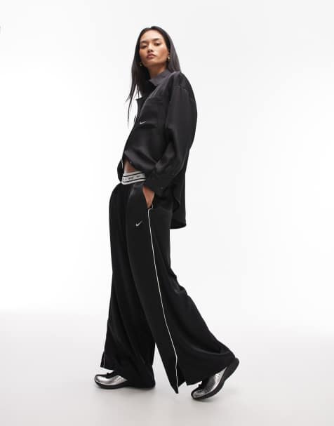 Nike satin wide leg trousers with waistband detail in black
