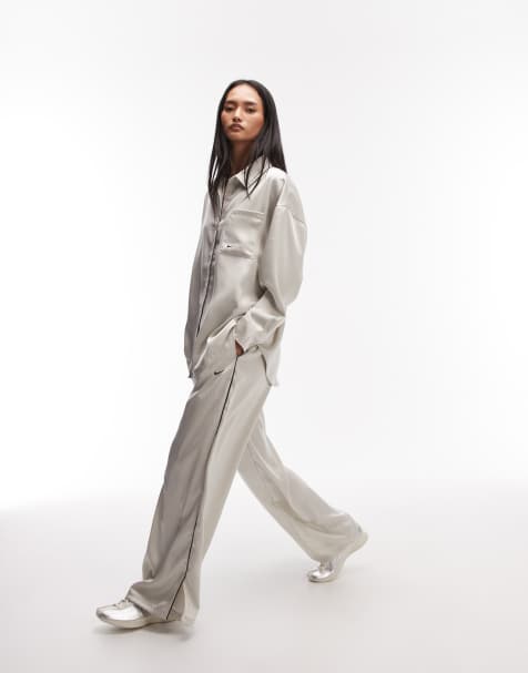 Nike satin wide leg trousers with waistband detail in off white - view 1