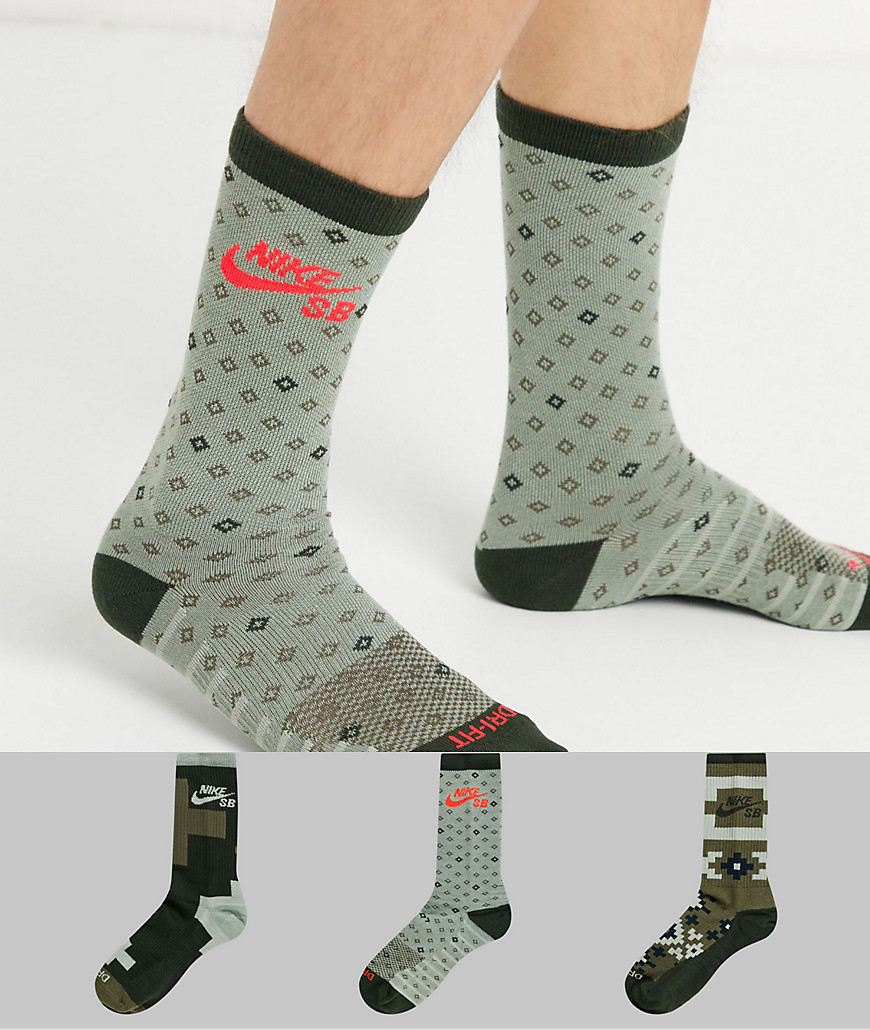 Nike SB - Everyday - 3-pak med kakifarvede crew-sokker i jacquard-Grøn