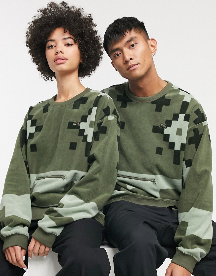 Nike SB - Nomad - Uniseks fleece sweatshirt met ronde hals in groen-Grijs