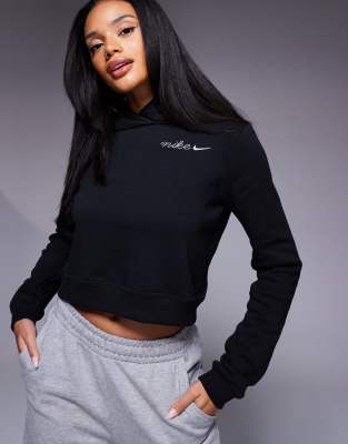 Nike Script Logo Shrunken Hoodie In Black