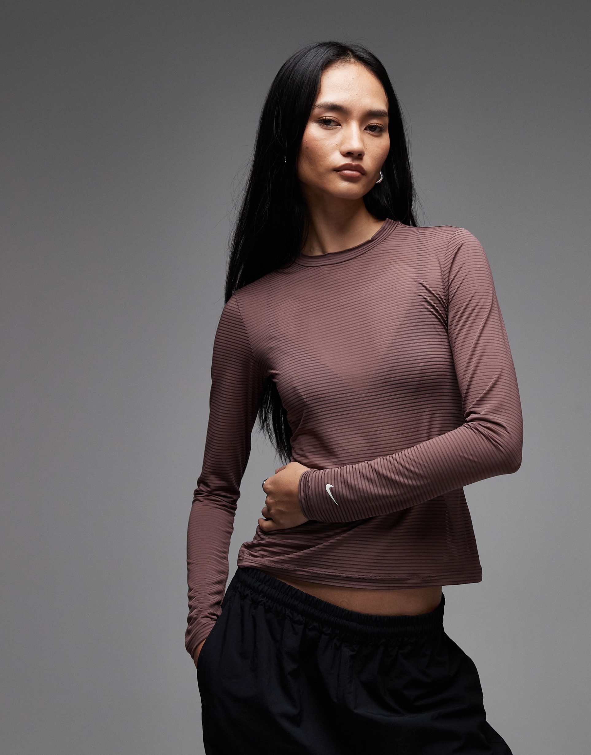 nike sheer longsleeve top in brown