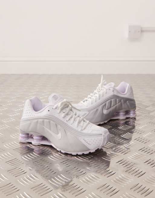 Nike Shox R4 sneakers in white silver and lilac