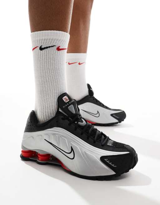 Nike Shox R4 trainers in metallic silver and red | ASOS