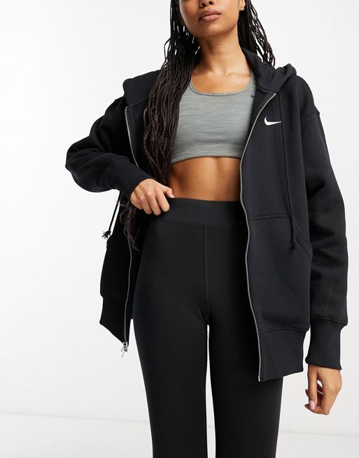 Nike - Sort og hvid oversized hættetrøje med lynlås og lille swoosh-logo