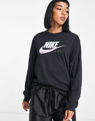 Nike sparkle swoosh graphic logo long sleeve t-shirt in black | ASOS