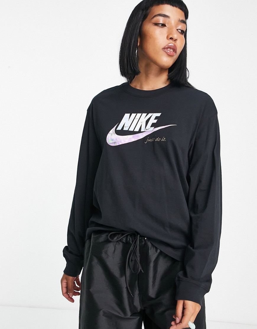 Nike sparkle swoosh graphic logo long sleeve t-shirt in black