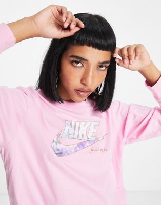Nike sparkle swoosh graphic logo long sleeve t-shirt in pink