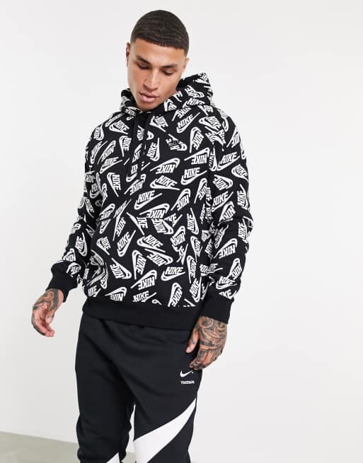 Nike All Over Swoosh Print Hoodie in Black