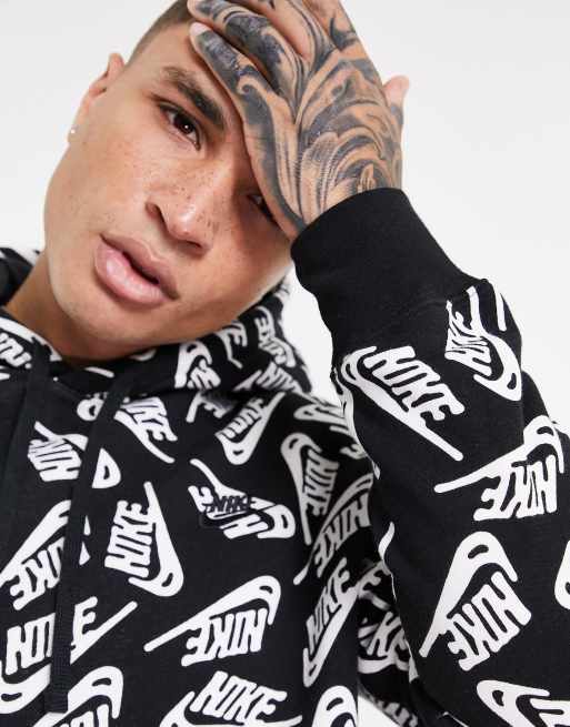 Nike Essentials all over logo print fleece hoodie in black | ASOS